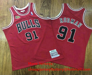 Men's Chicago Bulls #91 Dennis Rodman 1997-98 Red Champions Patch Hardwood Classics Soul Swingman Throwback Jersey