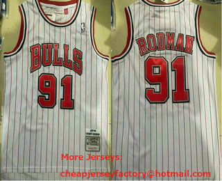 Men's Chicago Bulls #91 Dennis Rodman 1997-98 White Pinstripe Hardwood Classics Soul Swingman Throwback Jersey