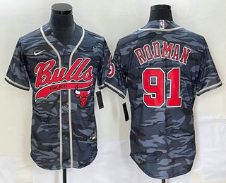 Men's Chicago Bulls #91 Dennis Rodman Black Camo With Patch Cool Base Stitched Baseball Jersey 01