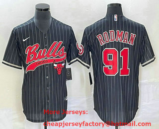 Men's Chicago Bulls #91 Dennis Rodman Black Pinstripe Cool Base Stitched Baseball Jersey
