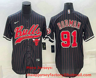 Men's Chicago Bulls #91 Dennis Rodman Black Pinstripe With Patch Cool Base Stitched Baseball Jersey 01