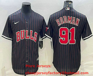 Men's Chicago Bulls #91 Dennis Rodman Black With Patch Cool Base Stitched Baseball Jersey