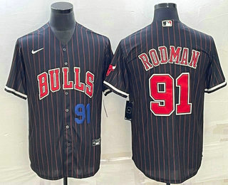 Men's Chicago Bulls #91 Dennis Rodman Number Black With Patch Cool Base Stitched Baseball Jersey 02