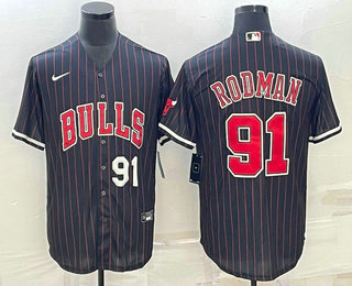 Men's Chicago Bulls #91 Dennis Rodman Number Black With Patch Cool Base Stitched Baseball Jersey 03