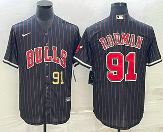 Men's Chicago Bulls #91 Dennis Rodman Number Black With Patch Cool Base Stitched Baseball Jersey 04