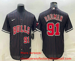 Men's Chicago Bulls #91 Dennis Rodman Number Black With Patch Cool Base Stitched Baseball Jersey