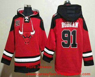 Men's Chicago Bulls #91 Dennis Rodman Red Ageless Must Have Lace Up Pullover Hoodie