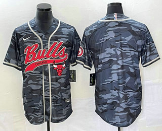 Men's Chicago Bulls Blank Black Camo With Patch Cool Base Stitched Baseball Jersey 01