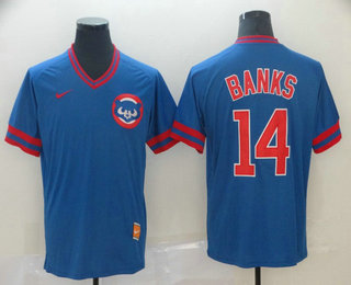 Men's Chicago Cubs #14 Ernie Banks Blue Nike Cooperstown Collection Legend V Neck Jersey