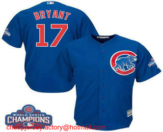 Men's Chicago Cubs #17 Kris Bryant Royal Blue 2016 World Series Champions Team Logo Patch Player Jersey