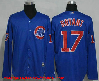 Men's Chicago Cubs #17 Kris Bryant Royal Blue Long Sleeve Stitched MLB Cool Base Jersey