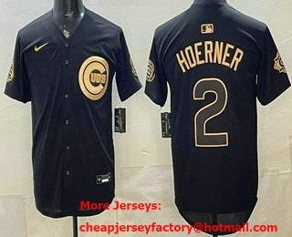 Men's Chicago Cubs #2 Nico Hoerner Black Gold 150TH Limited Cool Base Jersey