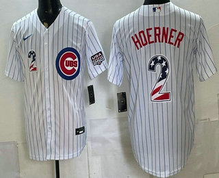 Men's Chicago Cubs #2 Nico Hoerner White 2026 USA 250 Fourth of July Home Stadium Stitched Jersey
