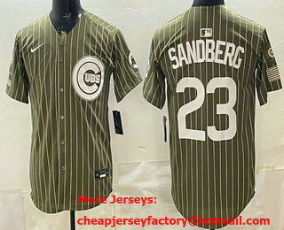 Men's Chicago Cubs #23 Ryne Sandberg Olive Pinstripe 2026 Armed Forces Day Jersey