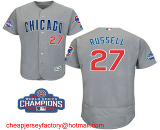 Men's Chicago Cubs #27 Addison Russell Gray Road Flex Base 2016 World Series Champions Patch Jersey