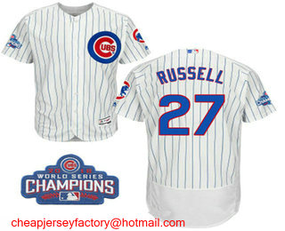 Men's Chicago Cubs #27 Addison Russell White Home Flex Base 2016 World Series Champions Patch Jersey