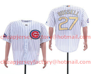 Men's Chicago Cubs #27 Addison Russell White World Series Champions Gold Stitched MLB 2017 Flex Base Jersey
