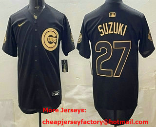 Men's Chicago Cubs #27 Seiya Suzuki Black Gold 150TH Limited Cool Base Jersey