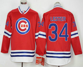 Men's Chicago Cubs #34 Jon Lester Red Long Sleeve Baseball Jersey