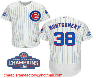 Men's Chicago Cubs #38 Mike Montgomery White Home Flex Base 2016 World Series Champions Patch Jersey