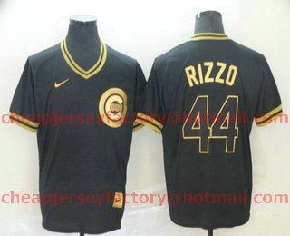 Men's Chicago Cubs #44 Anthony Rizzo Black Gold Nike Cooperstown Legend V Neck Jersey