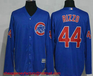 Men's Chicago Cubs #44 Anthony Rizzo Royal Blue Long Sleeve Stitched MLB Cool Base Jersey