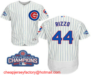 Men's Chicago Cubs #44 Anthony Rizzo White Home Flex Base 2016 World Series Champions Patch Jersey