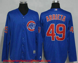 Men's Chicago Cubs #49 Jake Arrieta Royal Blue Long Sleeve Stitched MLB Cool Base Jersey