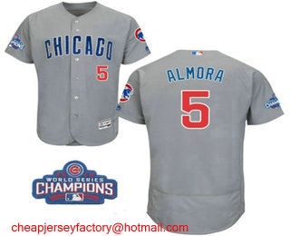 Men's Chicago Cubs #5 Albert Almora Jr. Gray Road Flex Base 2016 World Series Champions Patch Jersey