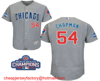 Men's Chicago Cubs #54 Aroldis Chapman Gray Road Flex Base 2016 World Series Champions Patch Jersey