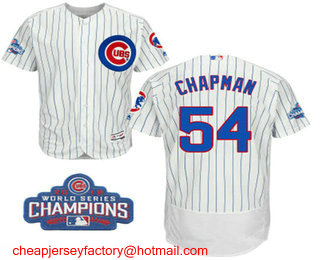 Men's Chicago Cubs #54 Aroldis Chapman White Home Flex Base 2016 World Series Champions Patch Jersey