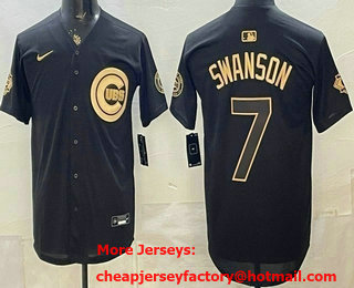 Men's Chicago Cubs #7 Dansby Swanson Black Gold 150TH Limited Cool Base Jersey