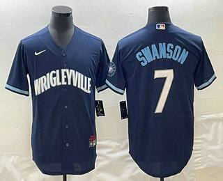 Men's Chicago Cubs #7 Dansby Swanson Navy City Connect Cool Base Stitched Baseball Jersey