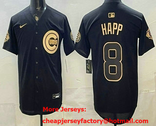 Men's Chicago Cubs #8 Ian Happ Black Gold 150TH Limited Cool Base Jersey