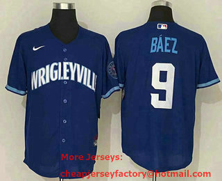 Men's Chicago Cubs #9 Javier Baez Blue 2021 City Connect Stitched MLB Cool Base Nike Jersey
