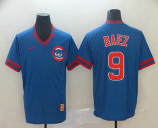 Men's Chicago Cubs #9 Javier Baez Blue Nike Cooperstown Collection Legend V Neck Jersey
