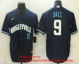 Men's Chicago Cubs #9 Javier Baez Navy Blue With Small Number 2021 City Connect Stitched MLB Cool Base Nike Jersey