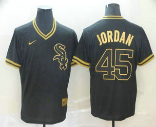 Men's Chicago White Sox #45 Michael Jordan Black Gold Nike Cooperstown Legend V Neck Jersey