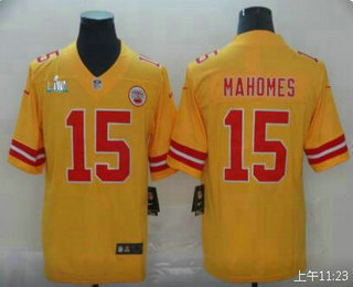 Men's Chiefs #15 Patrick Mahomes Gold 2020 Super Bowl LIV Stitched Nike NFL Limited Inverted Legend 100th Season Jersey