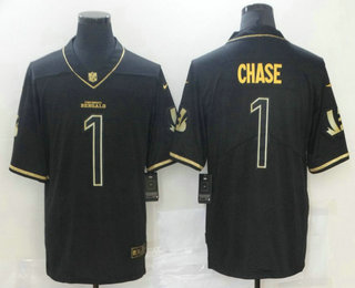 Men's Cincinnati Bengals #1 Ja'Marr Chase Black Golden Edition Stitched NFL Nike Limited Jersey