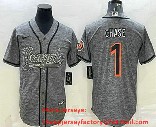Men's Cincinnati Bengals #1 JaMarr Chase Grey Gridiron Team Big Logo Cool Base Stitched Baseball Jersey