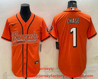 Men's Cincinnati Bengals #1 JaMarr Chase Orange With Patch Cool Base Stitched Baseball Jersey