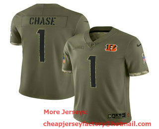 Men's Cincinnati Bengals #1 Jamarr Chase 2022 Olive Salute To Service Limited Stitched Jersey