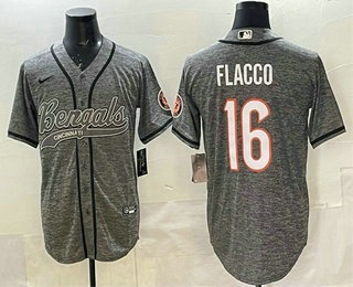 Men's Cincinnati Bengals #16 Joe Flacco Grey Gridiron With Patch Cool Base Stitched Baseball Jersey