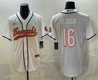 Men's Cincinnati Bengals #16 Joe Flacco White With Patch Cool Base Stitched Baseball Jersey