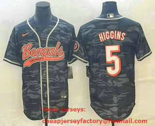 Men's Cincinnati Bengals #5 Tee Higgins Grey Camo With Patch Cool Base Stitched Baseball Jersey