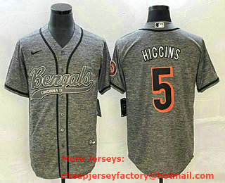 Men's Cincinnati Bengals #5 Tee Higgins Grey Gridiron With Patch Cool Base Stitched Baseball Jersey