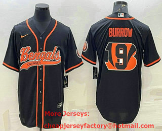 Men's Cincinnati Bengals #9 Joe Burrow Black Team Big Logo With Patch Cool Base Stitched Baseball Jersey