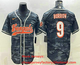 Men's Cincinnati Bengals #9 Joe Burrow Grey Camo With Patch Cool Base Stitched Baseball Jersey