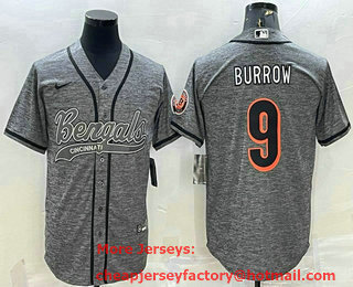 Men's Cincinnati Bengals #9 Joe Burrow Grey Gridiron Team Big Logo Cool Base Stitched Baseball Jersey
